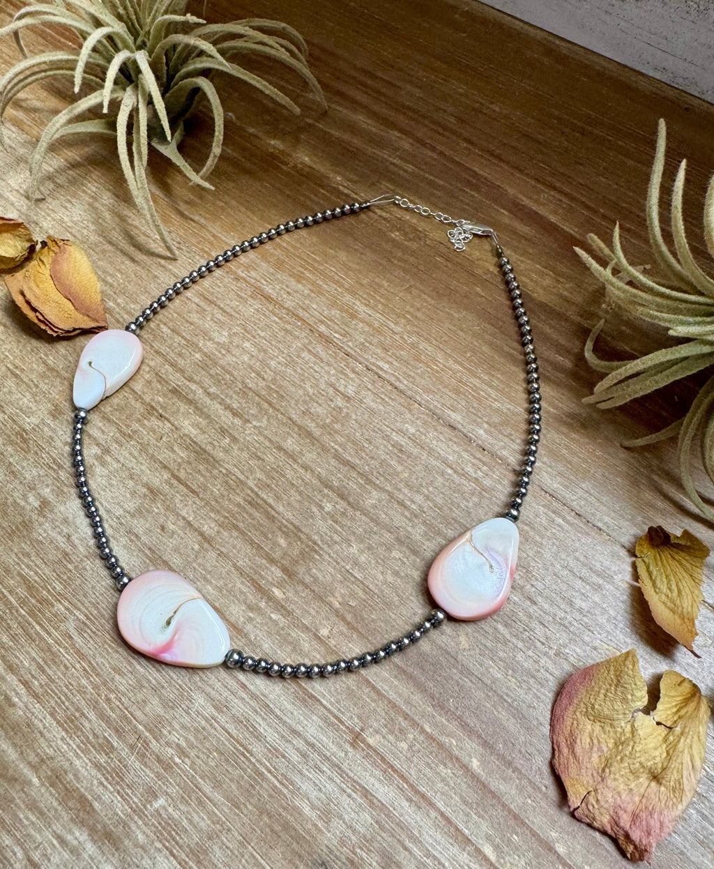 Sterling Silver Choker – 3 Flat Pink Conch Teardrops – 14.5" Approx.