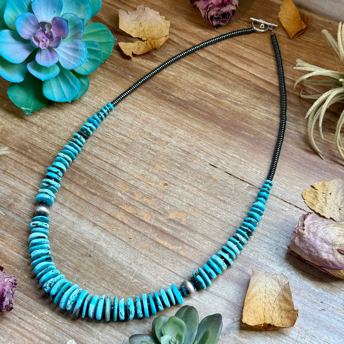 23” Ice Blue Turquoise Graduated Necklace – Sterling Silver & Hematite
