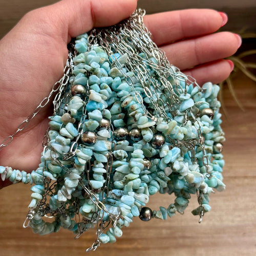 16” Larimar Chip Necklace – Sterling Silver & Paperclip Chain