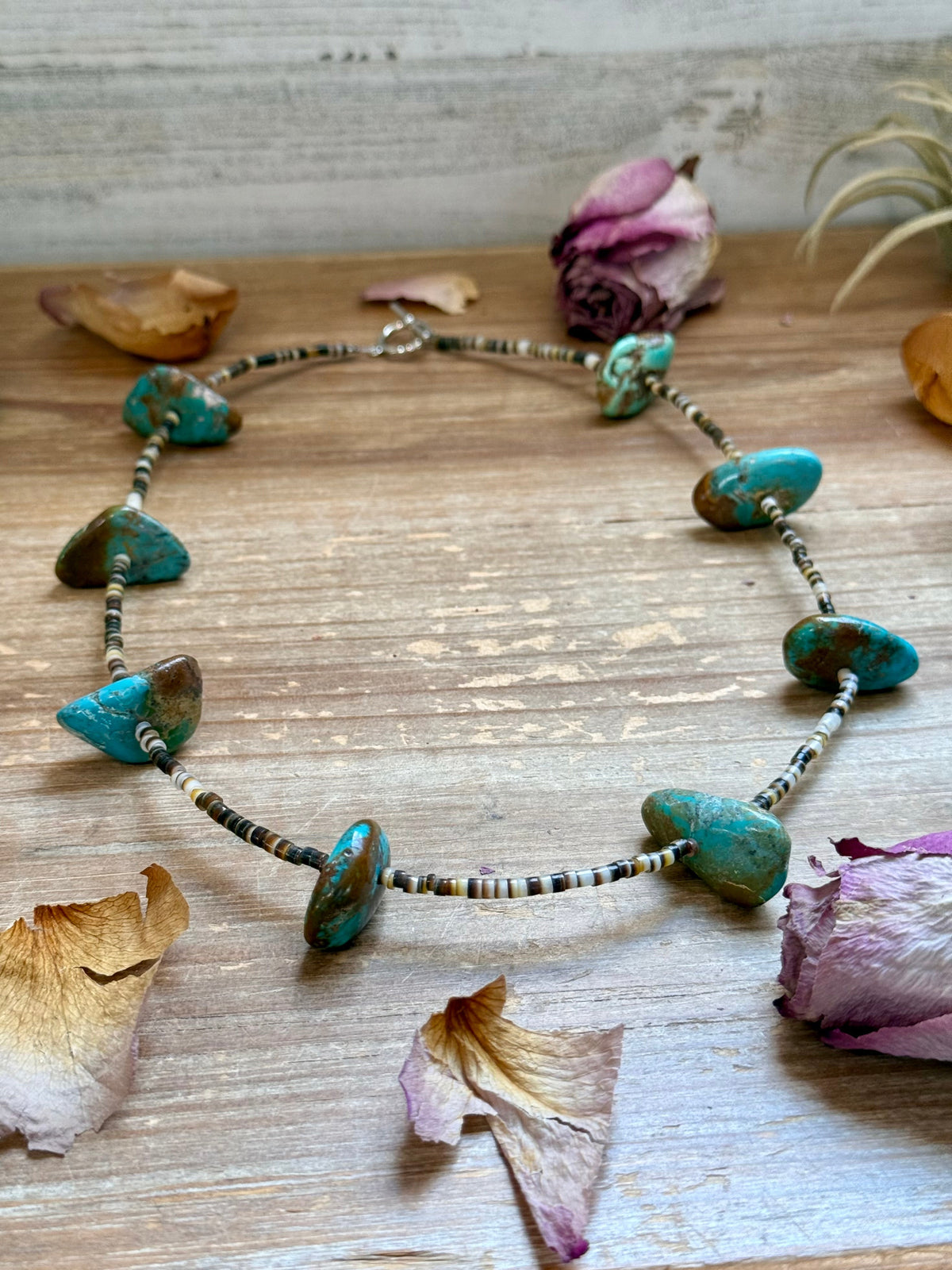 22” Chunky Turquoise & Dark Brown Shell Heishi Necklace