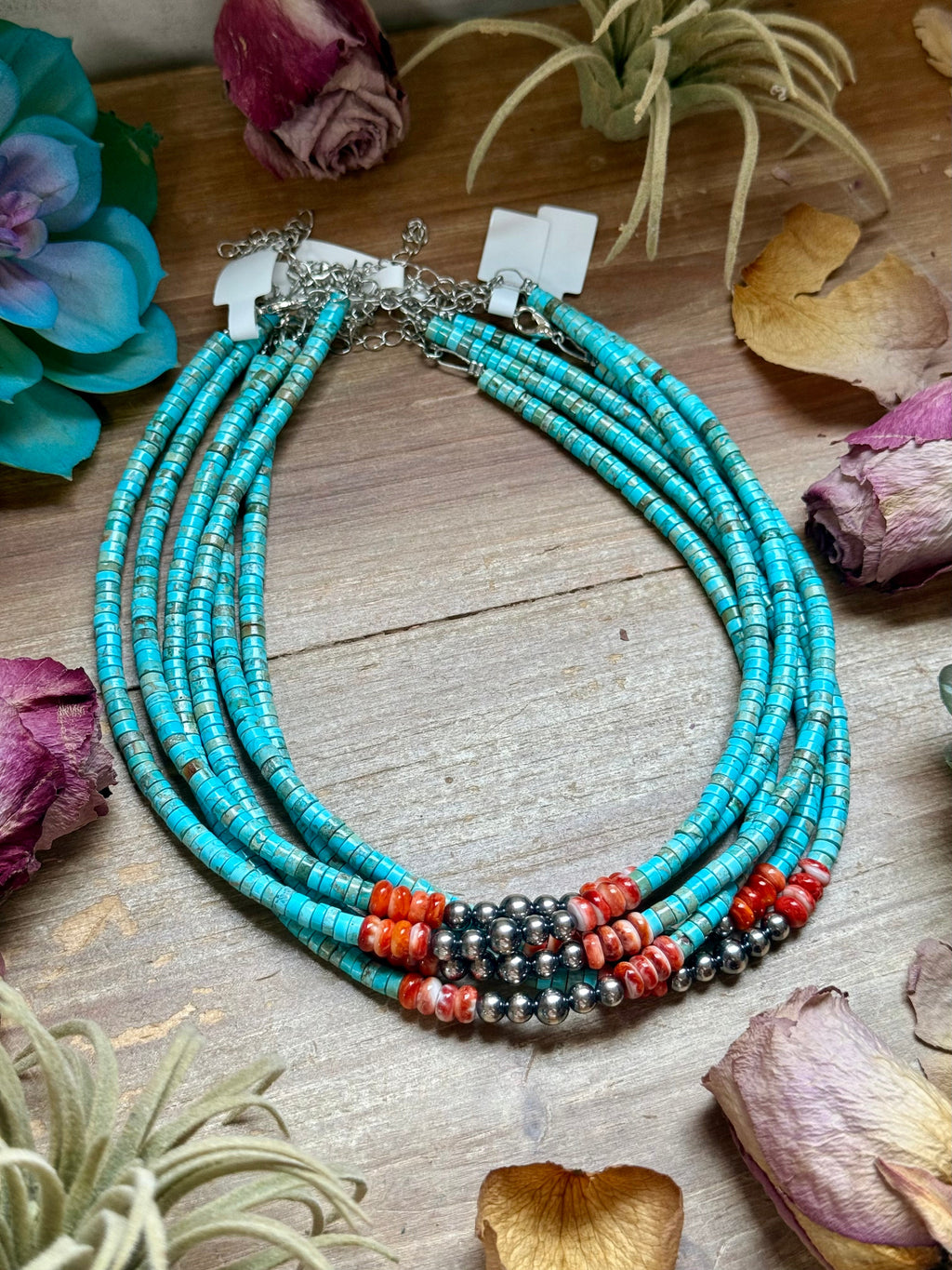 14” Vibrant Choker – Turquoise, Spiny Oyster & Sterling Silver