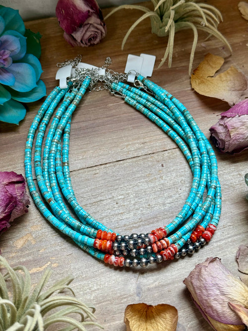 14” Vibrant Choker – Turquoise, Spiny Oyster & Sterling Silver