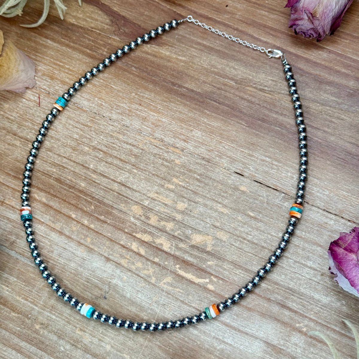 Mixed Turquoise & Spiny Oyster Heishi Necklace – 19”