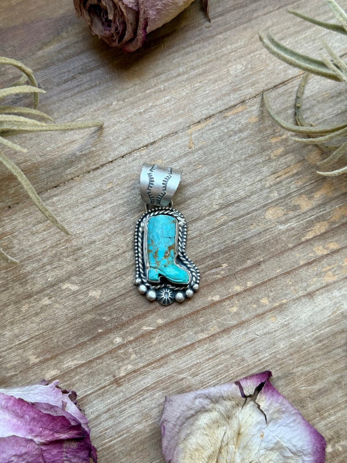 Sterling Silver Kingman Turquoise Cowboy Boot Pendant – Handmade by Artist Shay Pfeiffer