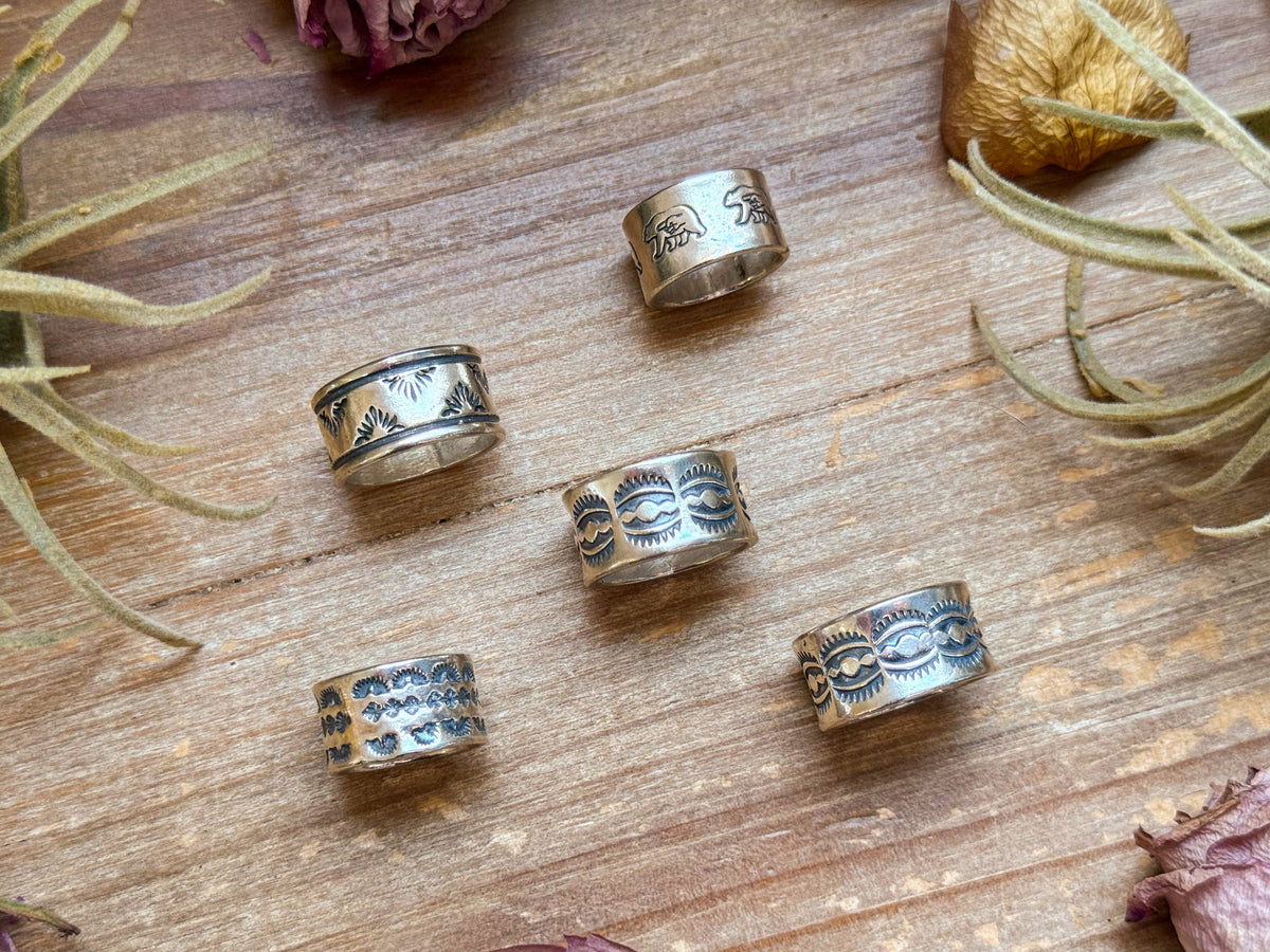 Sterling Silver Hand-Milled Wide Band Aloe Stamped Ring – Size 8.5 – Handmade by Artist Jason Ogg